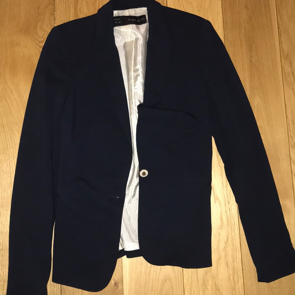 zara basic navy blue cotton blazer size medium